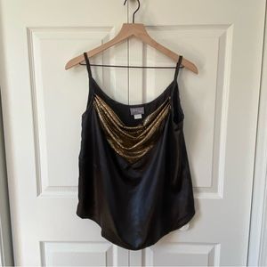 Vintage Satiny Faux Leather Black Metallic Glittery Draped Camisole Size Large